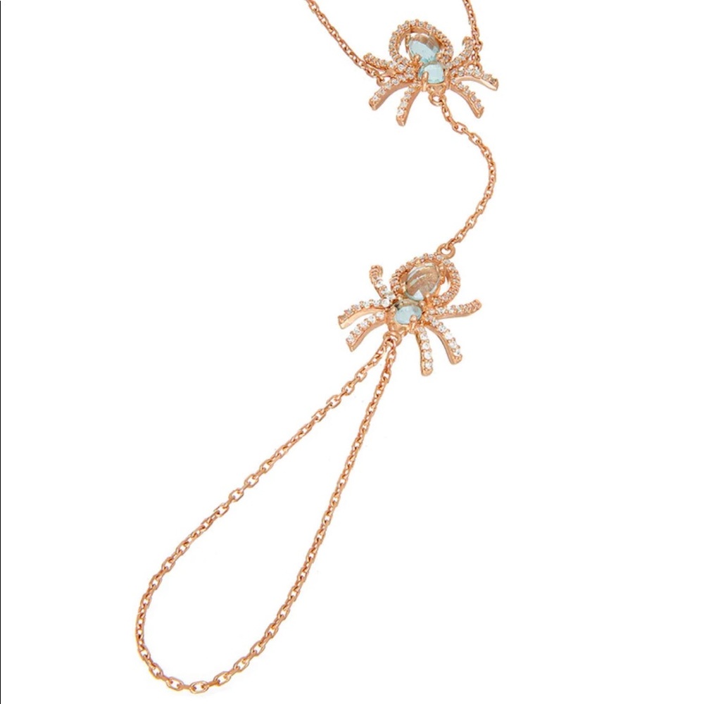 New Sterling Micro Pave Rhinestone Spider Bracelet Chain Ring Wristlet